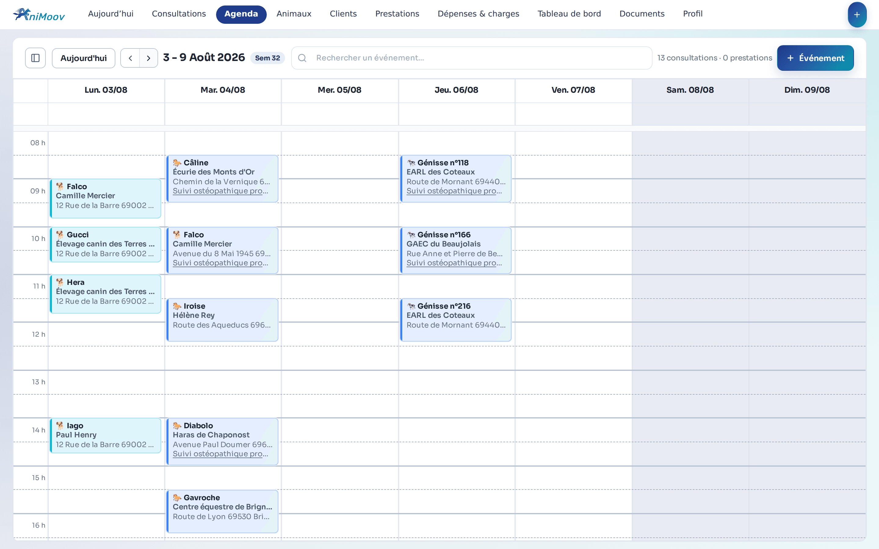 Agenda AniMoov avec consultations et plages de travail