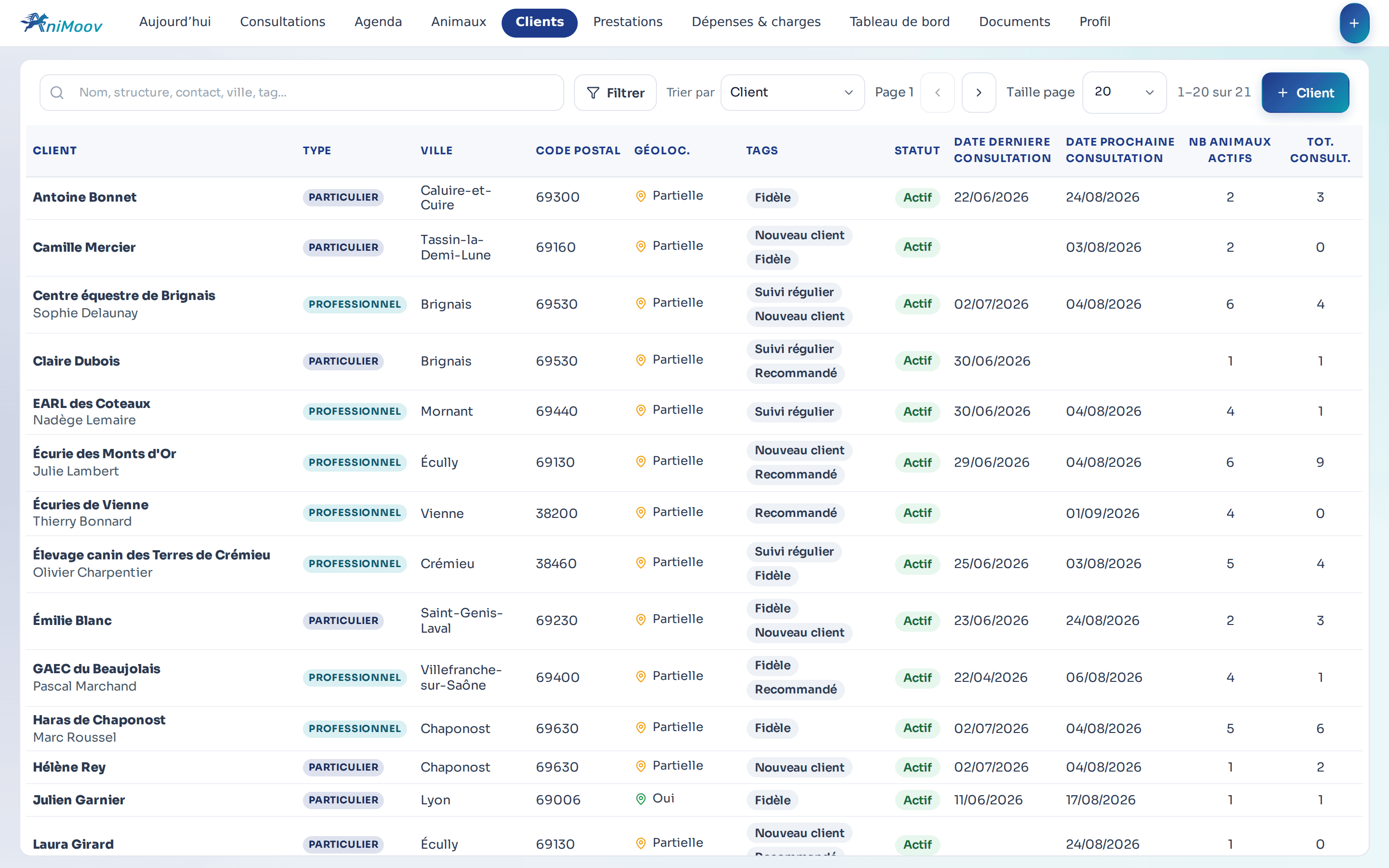 Base clients AniMoov pour particuliers et structures professionnelles