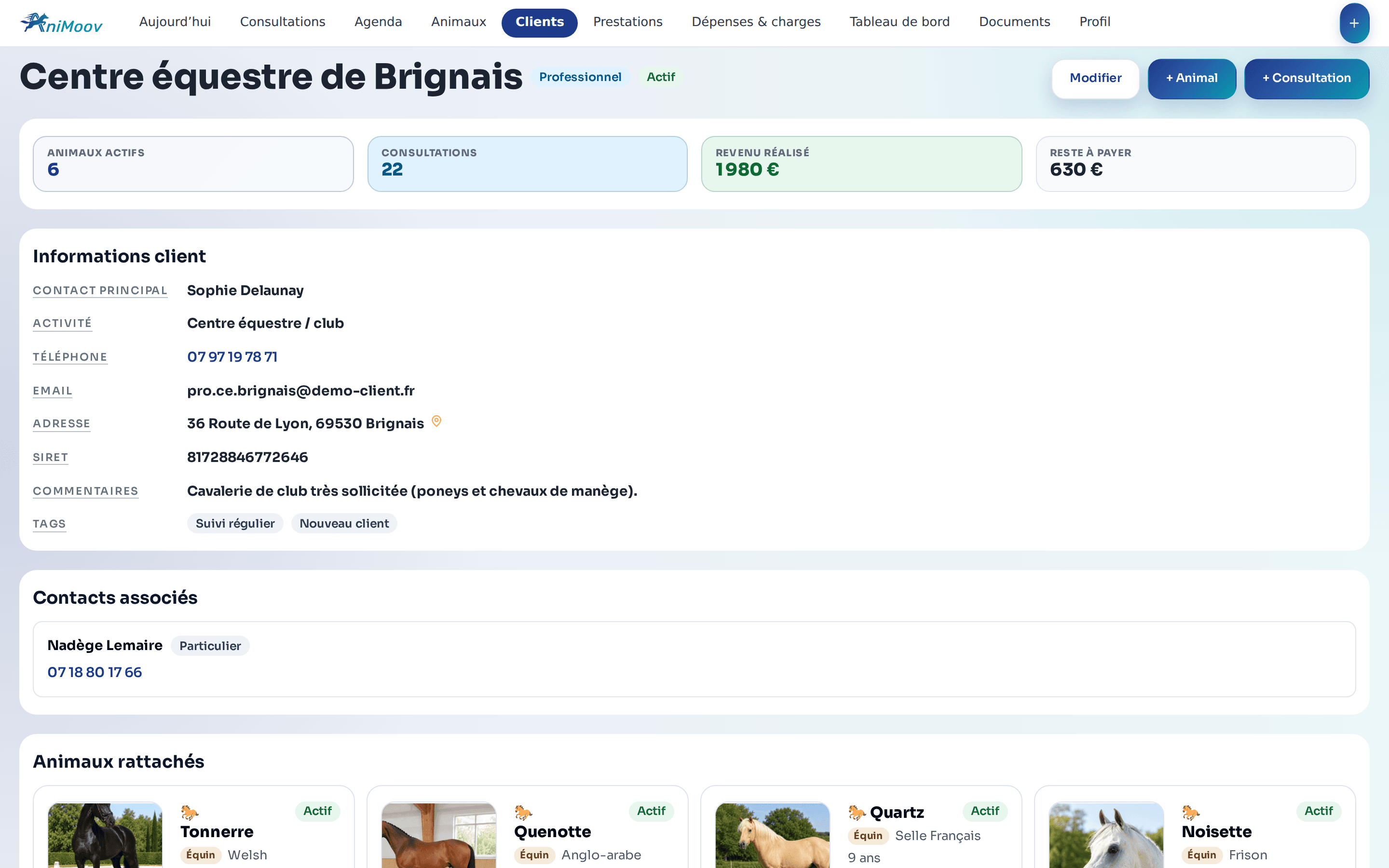 Fiche client AniMoov avec coordonnées, animaux et historique