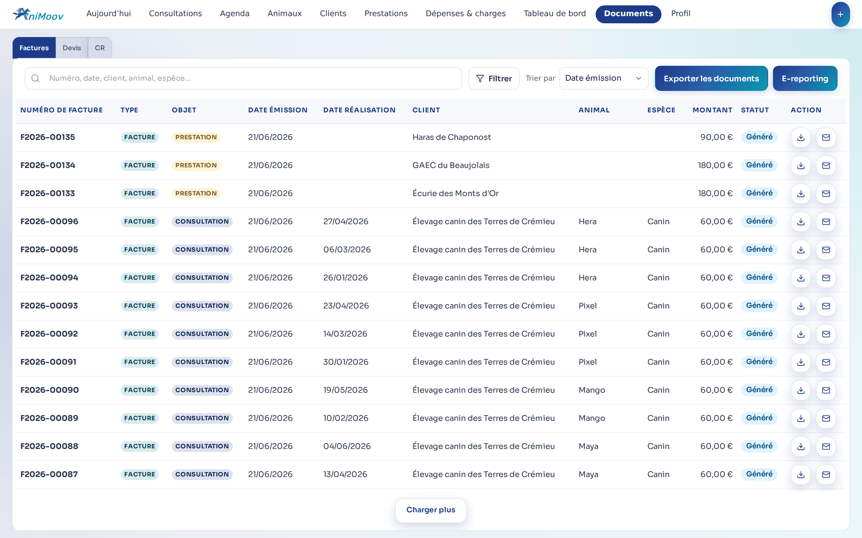 Centre de documents AniMoov avec factures et statuts